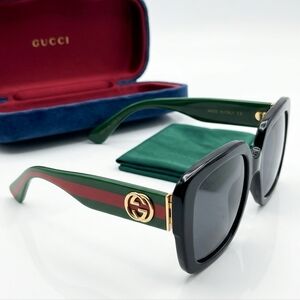 GUCCI Oversized Square Sunglasses Black / Green Red Web Stripe Gold GG